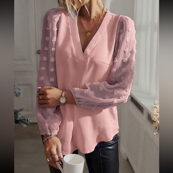 Luxe blue  V neck Swiss dot sleeve blouse - Picture 11 of 15